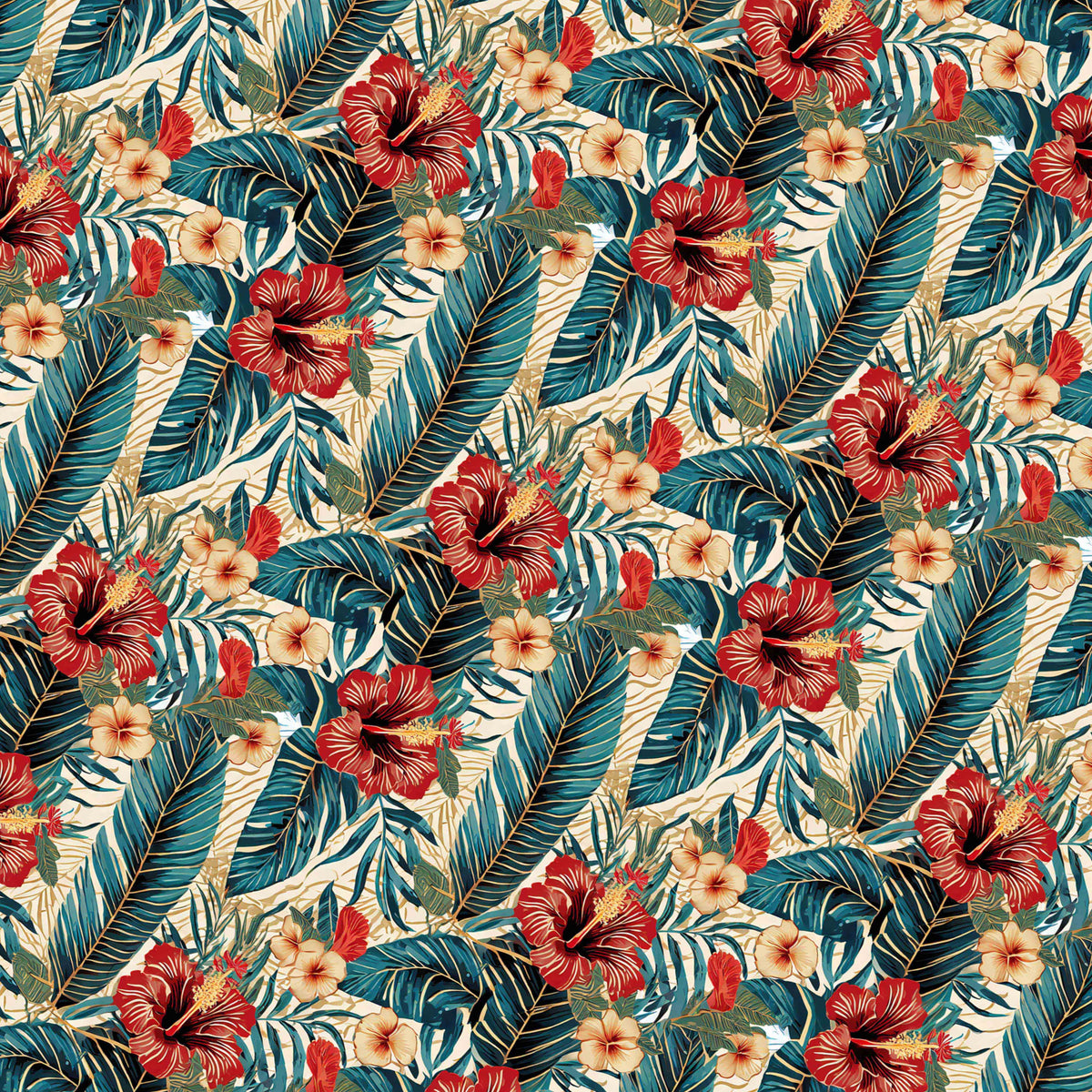Hibiscus print swatch, deep teal palms and red hibiscus flowers on a warm cream ground.