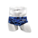 HAC Swim Mens Swimsuit Vintage Cut Swim Brief in Blue Dino Camo Print for Swimming Aesthetic Bodybuilding Posing or Mens Pole Dance