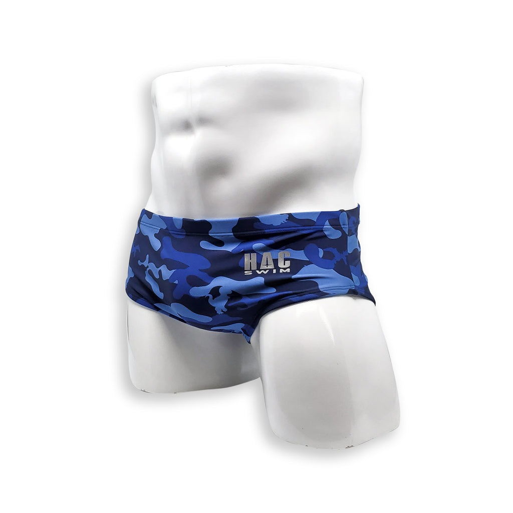 HAC Swim Mens Swimsuit Vintage Cut Swim Brief in Blue Dino Camo Print for Swimming Aesthetic Bodybuilding Posing or Mens Pole Dance