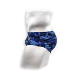 HAC Swim Mens Swimsuit Vintage Cut Swim Brief in Blue Dino Camo Print for Swimming Aesthetic Bodybuilding Posing or Mens Pole Dance