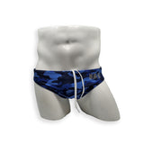 HAC Swim Mens Swimsuit 2 Inch Side Swim Brief in Blue Dino Camo Print for Swimming Aesthetic Bodybuilding Posing or Mens Pole Dance