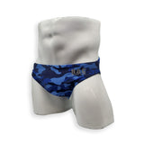 HAC Swim Mens Swimsuit 2 Inch Side Swim Brief in Blue Dino Camo Print for Swimming Aesthetic Bodybuilding Posing or Mens Pole Dance