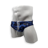 HAC Swim Mens Swimsuit 2 Inch Side Swim Brief in Blue Dino Camo Print for Swimming Aesthetic Bodybuilding Posing or Mens Pole Dance