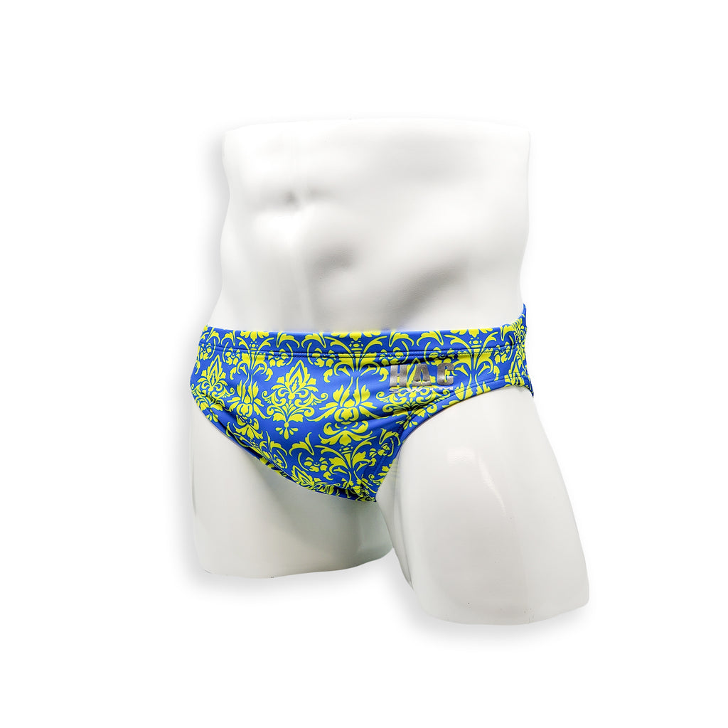 Mens Swimsuit Everyday Swim Brief in Blue Damask Print for Swimming Aesthetic Bodybuilding Posing or Mens Pole Dance