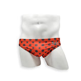 Mens Swimsuit 2 Inch Side Swim Brief in Red Scribble Dot Print for Swimming Aesthetic Bodybuilding Posing or Mens Pole Dance