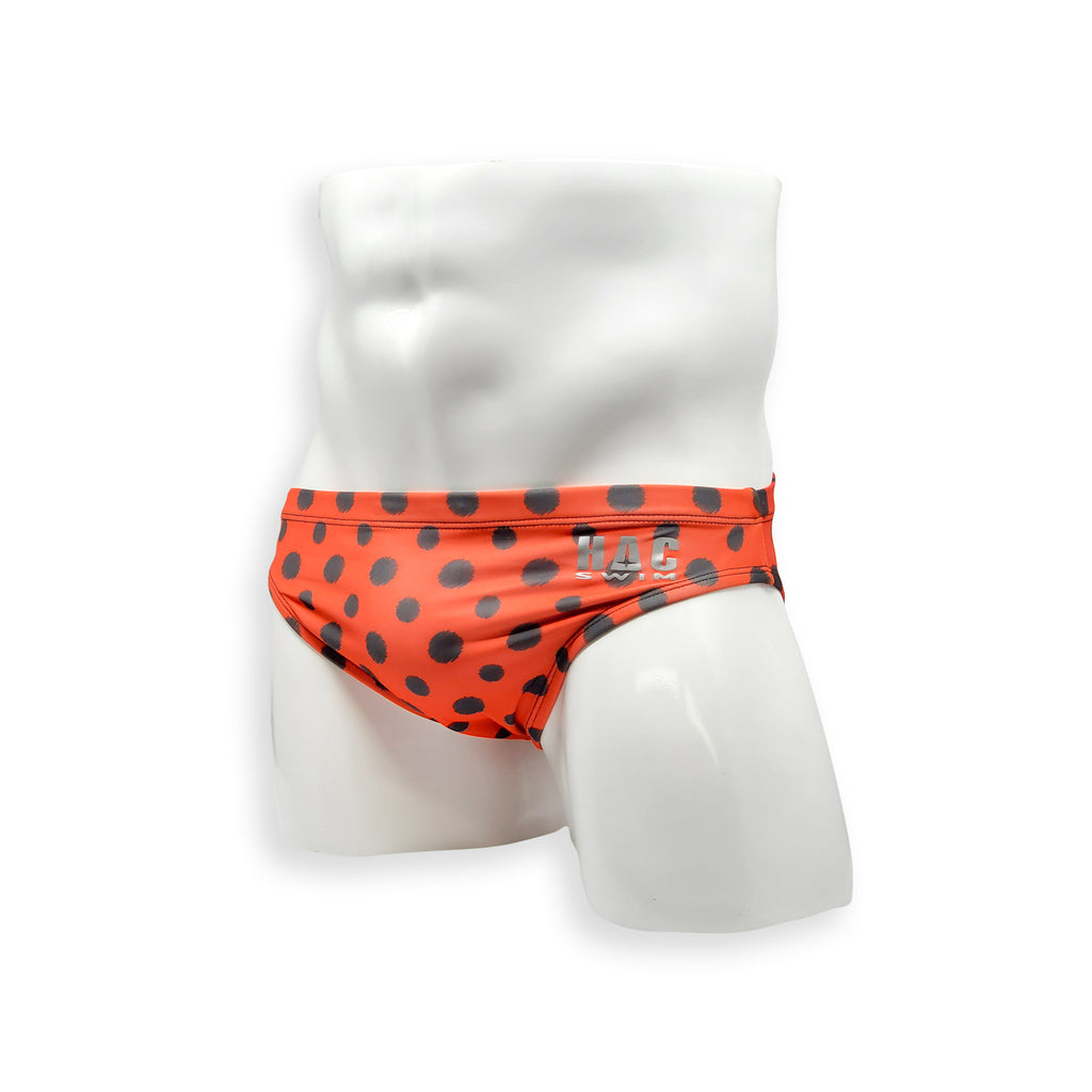 Mens Swimsuit 2 Inch Side Swim Brief in Red Scribble Dot Print for Swimming Aesthetic Bodybuilding Posing or Mens Pole Dance