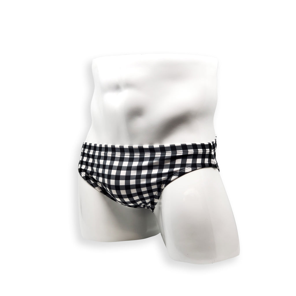 HAC Swim Mens Swimsuit 2 Inch Side Swim Brief in Black Gingham Print for Swimming Aesthetic Bodybuilding Posing or Mens Pole Dance