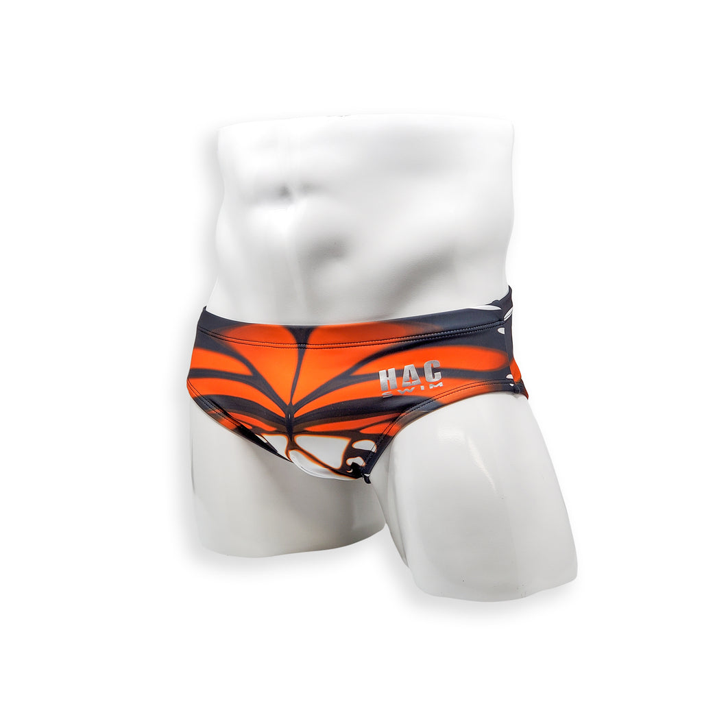 Mens Swimsuit Basic Swim Brief in Monarch Orange Print for Swimming Aesthetic Bodybuilding Posing or Mens Pole Dance