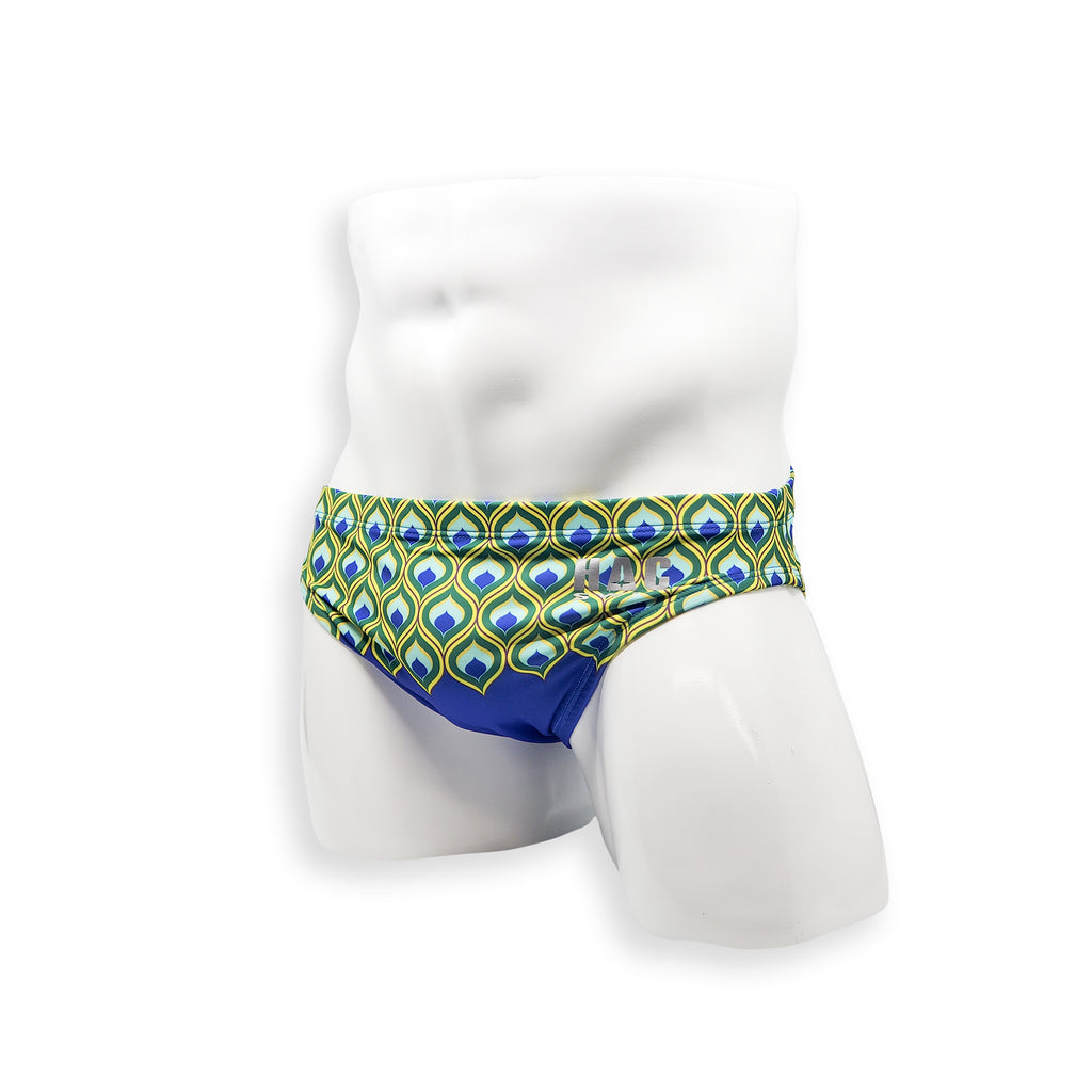 Mens Swimsuit 2 Inch Side Swim Brief in Peacock Print for Swimming Aesthetic Bodybuilding Posing or Mens Pole Dance