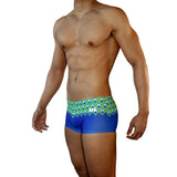 Mens Swimsuit Box Cut Swim Trunk in Peacock Print for Swimming Aesthetic Bodybuilding Posing or Mens Pole Dance