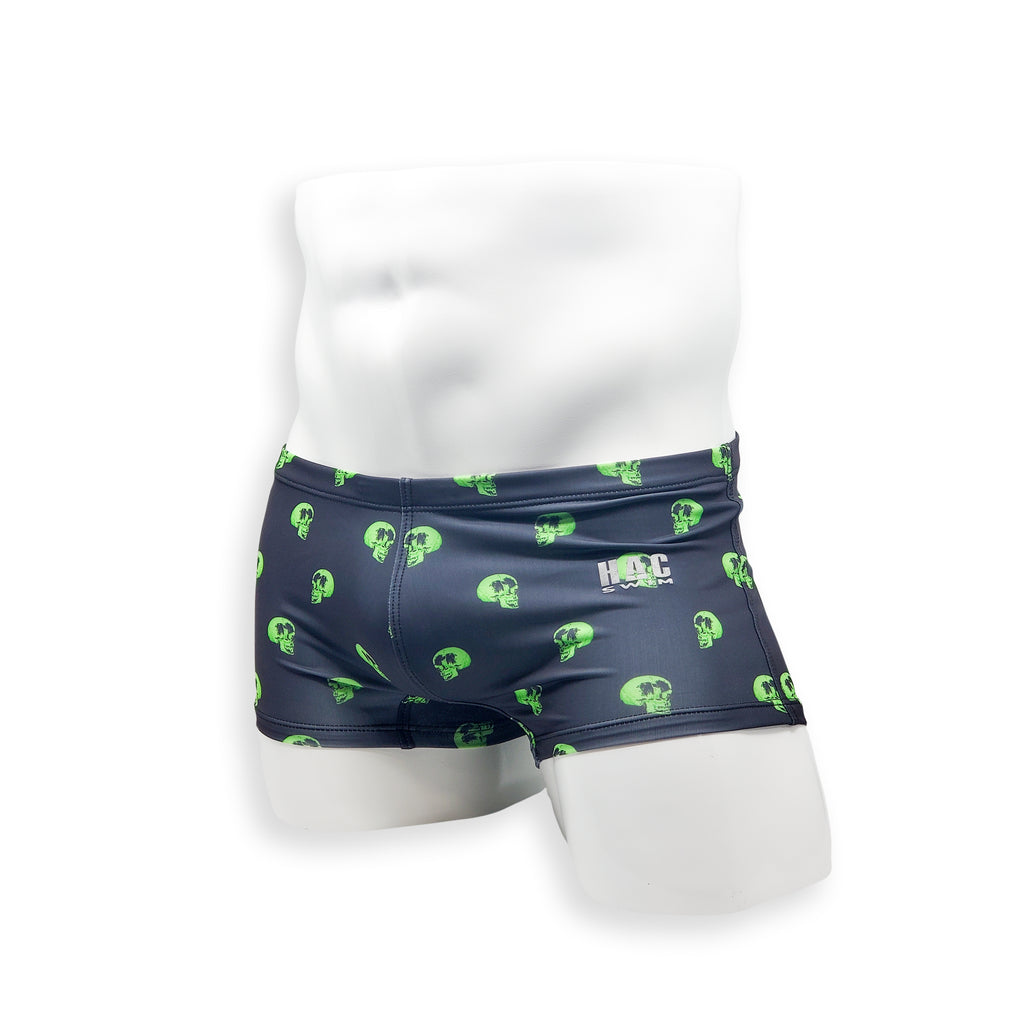 Mens Swimsuit Box Cut Swim Trunk in Skull Print for Swimming Aesthetic Bodybuilding Posing or Mens Pole Dance