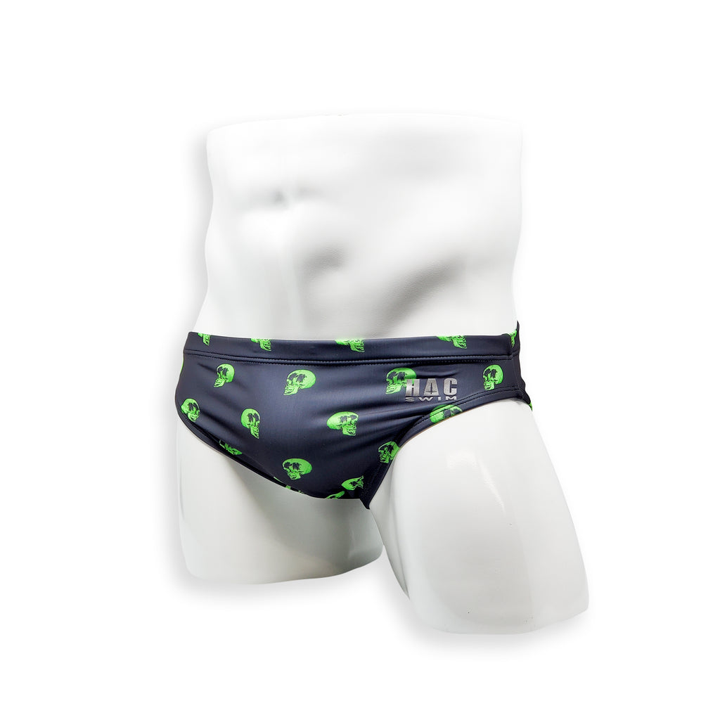 Mens Swimsuit 2 Inch Side Swim Brief in Skull Print for Swimming Aesthetic Bodybuilding Posing or Mens Pole Dance