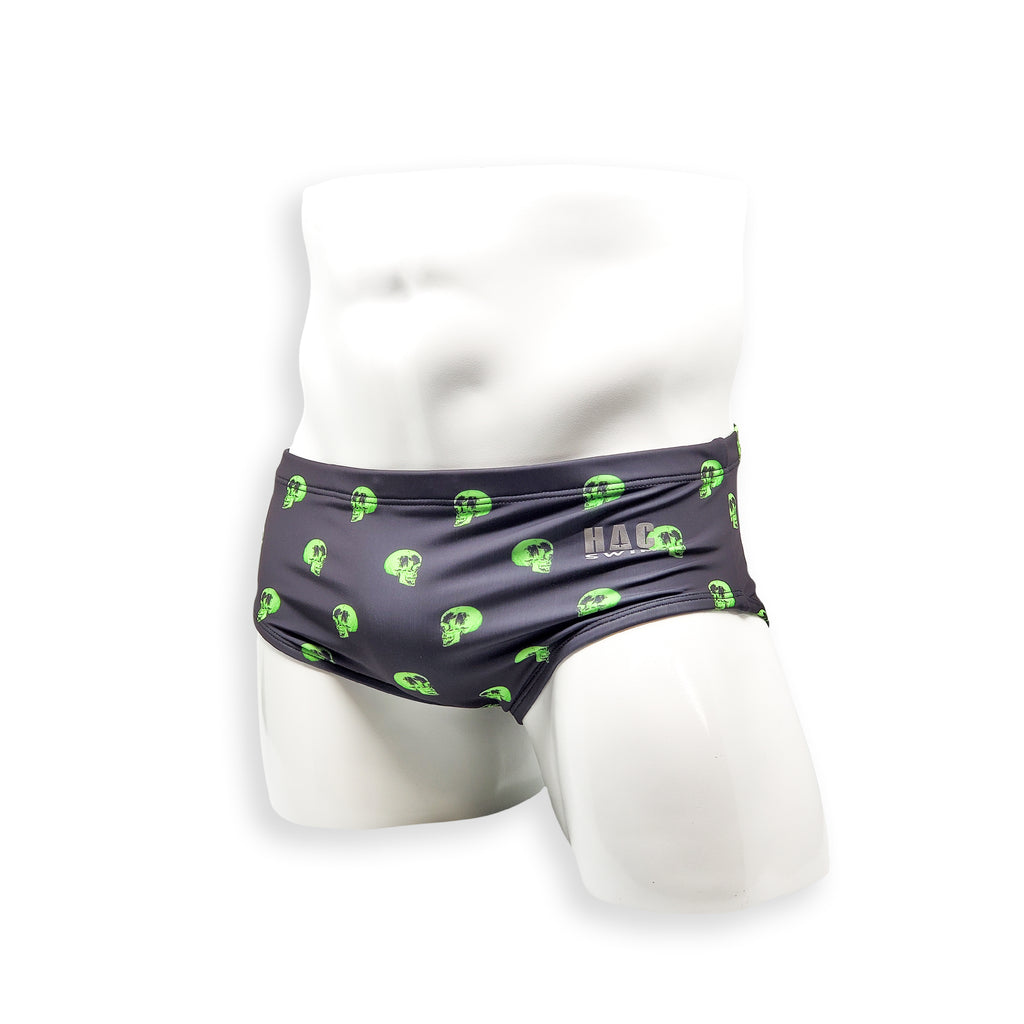 Mens Swimsuit Vintage Cut Swim Brief in Skull Print for Swimming Aesthetic Bodybuilding Posing or Mens Pole Dance