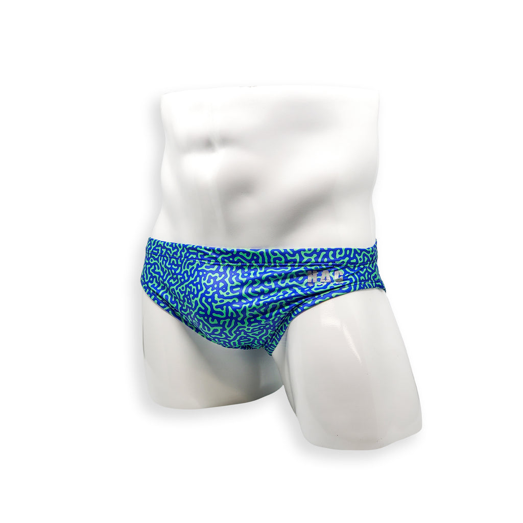 Mens Swimsuit 2 Inch Side Swim Brief in Tahquitz Canyon Blue Print for Swimming Aesthetic Bodybuilding Posing or Mens Pole Dance