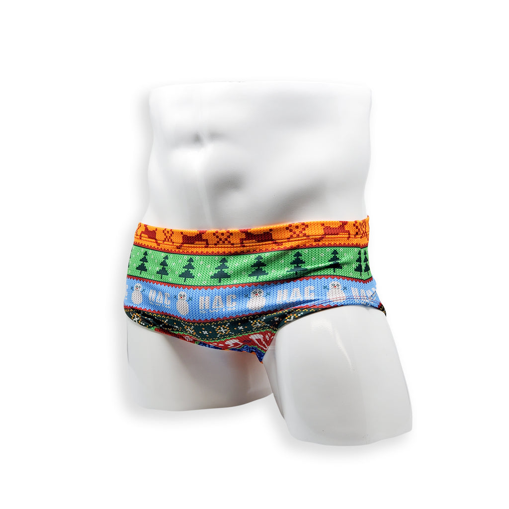 Mens Swimsuit Vintage Cut Swim Brief in Ugly Christmas Sweater print for Swimming Aesthetic Bodybuilding Posing or Mens Pole Dance