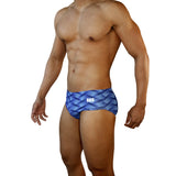 Mens Swimsuit Vintage Cut Swim Brief in Blue Wobbly Wave Print for Swimming Aesthetic Bodybuilding Posing or Mens Pole Dance