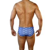 Mens Swimsuit Vintage Cut Swim Brief in Blue Wobbly Wave Print for Swimming Aesthetic Bodybuilding Posing or Mens Pole Dance