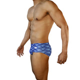 Mens Swimsuit Vintage Cut Swim Brief in Blue Wobbly Wave Print for Swimming Aesthetic Bodybuilding Posing or Mens Pole Dance