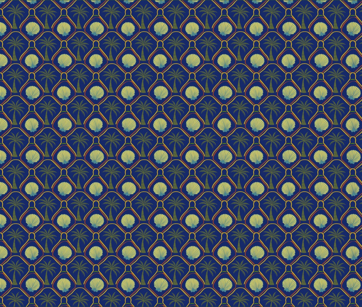 Palm & Shell pattern — palm trees and scallop shells on deep royal blue