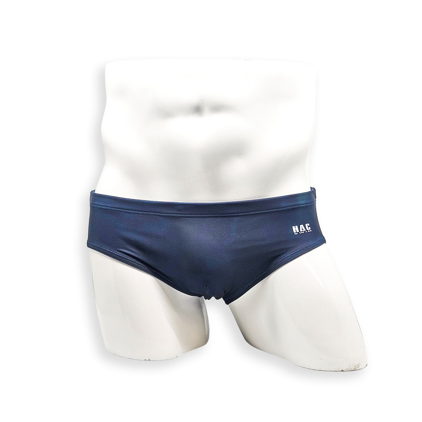 Men’s navy plumbing graphic swim brief – Basic front view showing contoured fully lined front panel