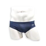Men’s navy plumbing graphic swim brief – Basic front view showing contoured fully lined front panel