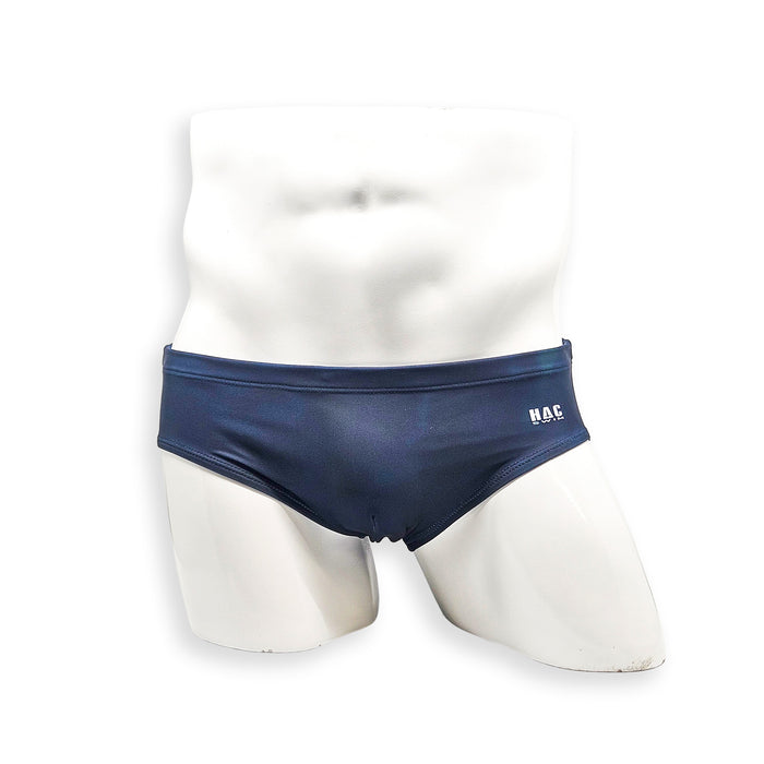 Men’s navy plumbing graphic swim brief – Basic front view showing contoured fully lined front panel