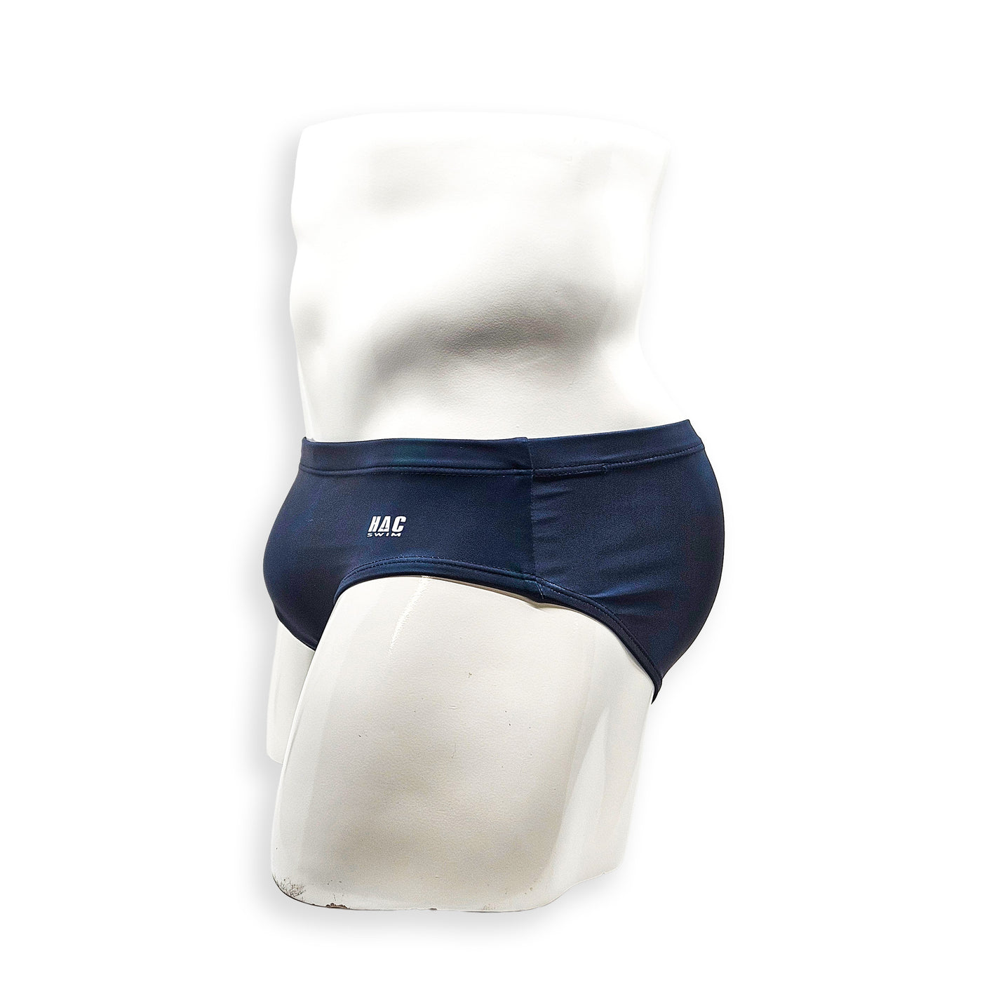 Men’s navy plumbing graphic swim brief – Basic side view showing low-rise swim brief silhouette
