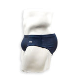Men’s navy plumbing graphic swim brief – Basic side view showing low-rise swim brief silhouette