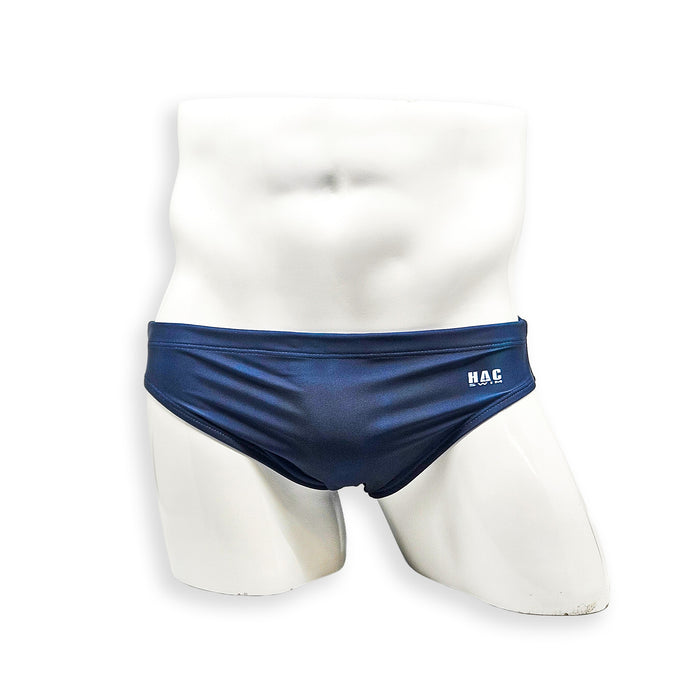 Men’s navy plumbing graphic swim brief – Flat Front front view showing flat front construction and clean lines
