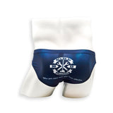 Men’s navy plumbing graphic swim brief – Flat Front back view with centered plumbing logo graphic
