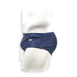 Men’s navy plumbing graphic swim brief – Vintage side view showing traditional swim brief silhouette