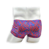 Rear view of HAC Swim Feral Summer Box Cut swim trunk showing full print coverage in electric blue, hot pink and orange abstract pattern.