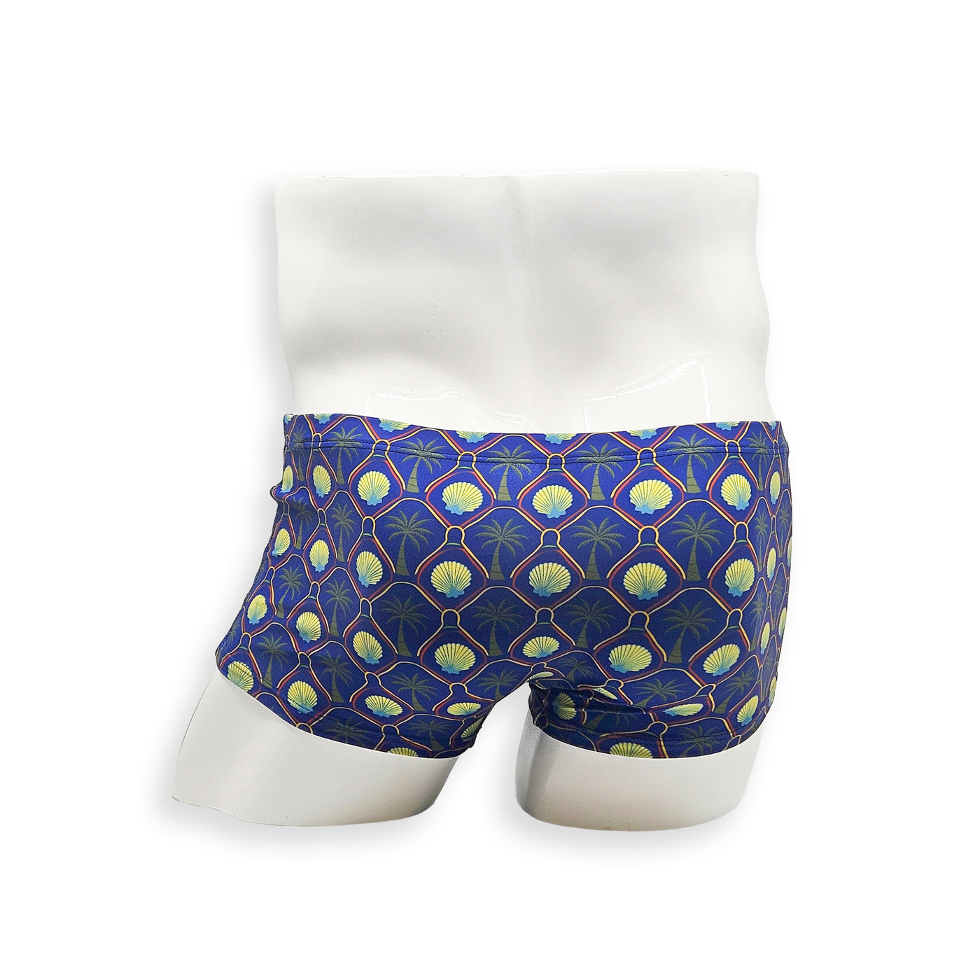 Men’s palm and shell print swim trunk – Box cut back view with full coverage and palm tree shell print