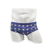 Men’s palm and shell print swim brief – Vintage cut front view showing relaxed fit and tropical pattern