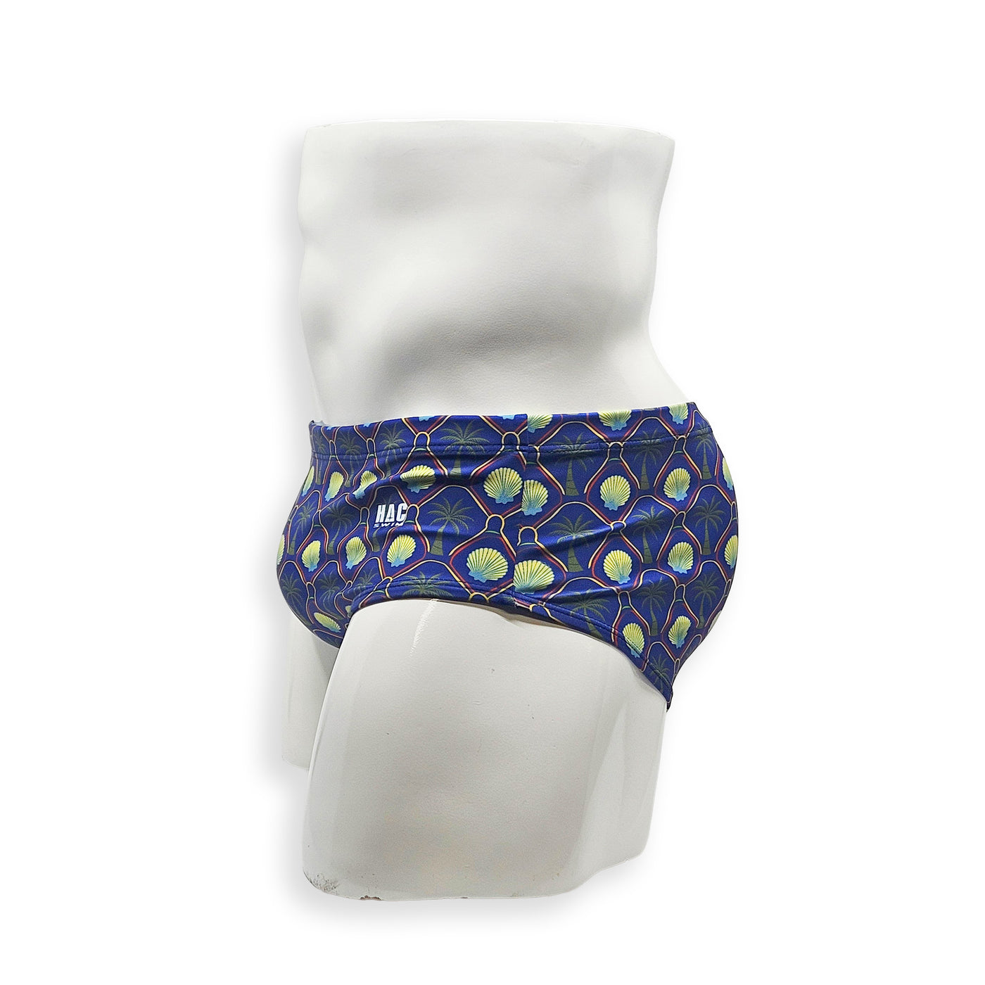 Men’s palm and shell print swim brief – Vintage cut back view with fuller coverage and palm tree shell print