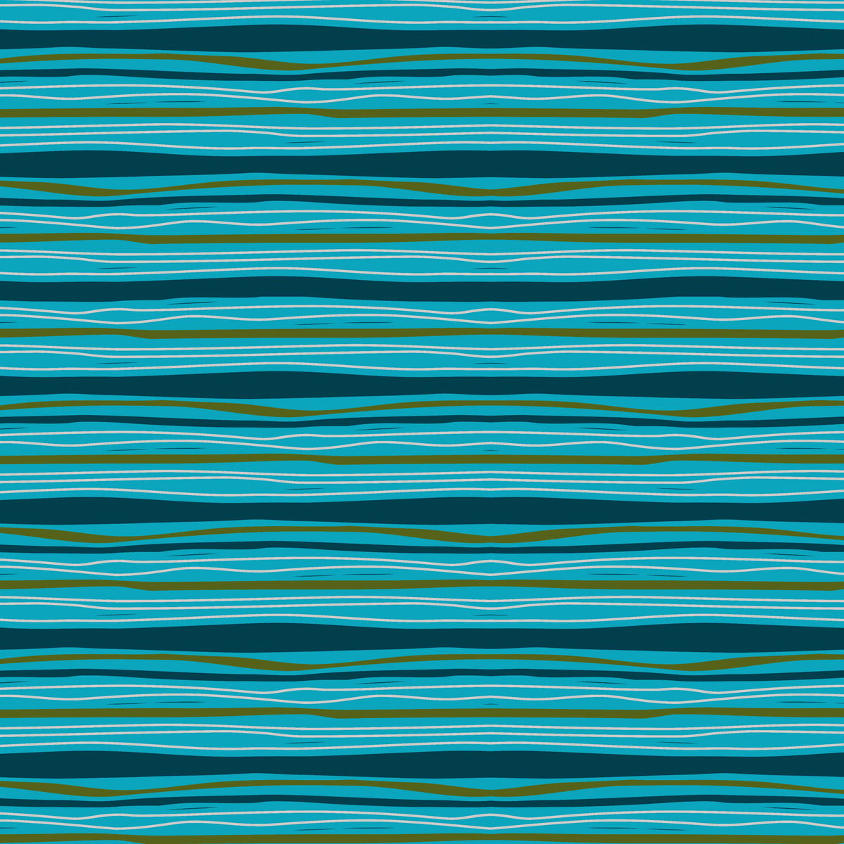 Tidal Stripe print swatch with irregular turquoise, deep teal, cream, and olive horizontal lines.