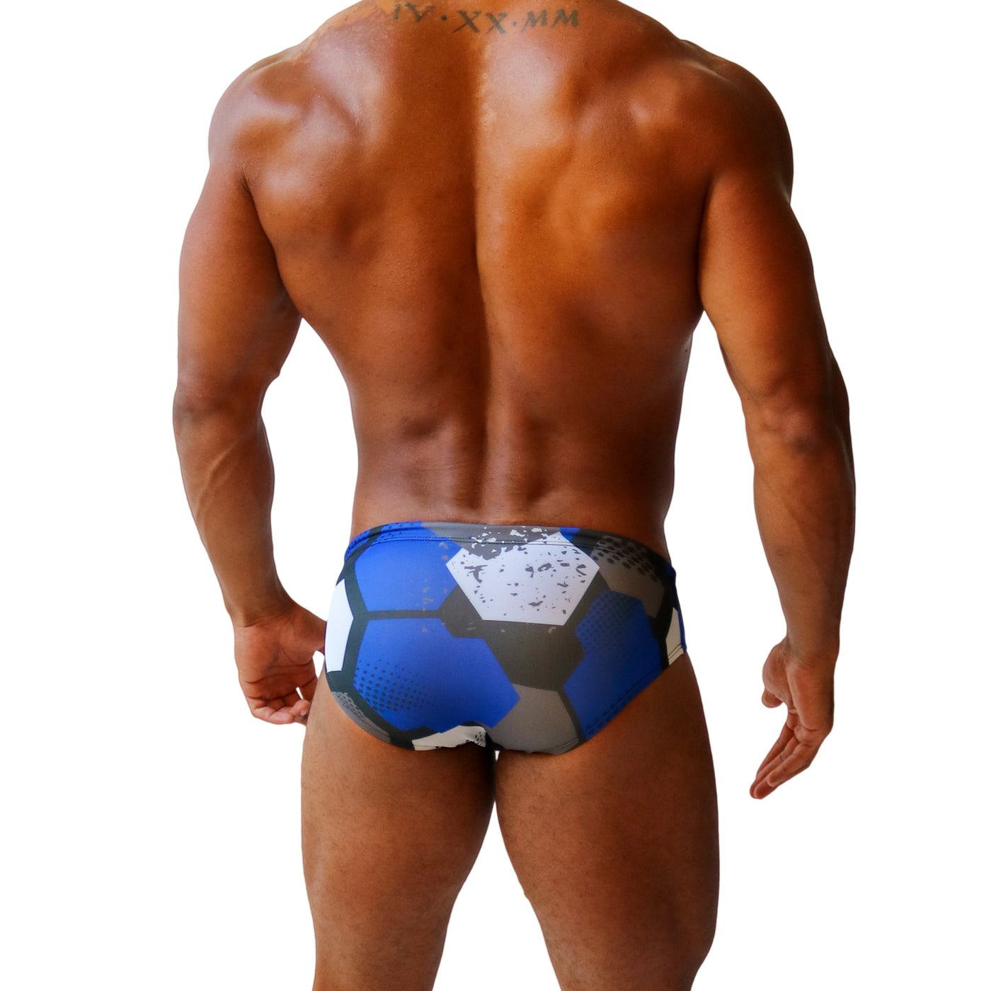 Mens Swimsuit Basic Swim Brief in Blue Hexagon Print for Swimming Aesthetic Bodybuilding Posing or Mens Pole Dance