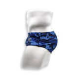 HAC Swim Mens Swimsuit Vintage Cut Swim Brief in Blue Dino Camo Print for Swimming Aesthetic Bodybuilding Posing or Mens Pole Dance