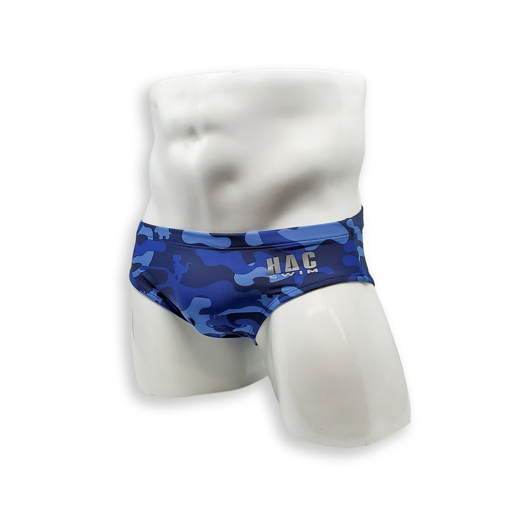 Mens Swimsuit Basic Swim Brief in Blue Dino Camo Print for Swimming Aesthetic Bodybuilding Posing or Mens Pole Dance