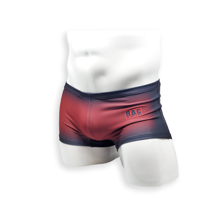 Mens Swimsuit Box Cut Swim Trunk in Red Ballistic Print for Swimming Aesthetic Bodybuilding Posing or Mens Pole Dance