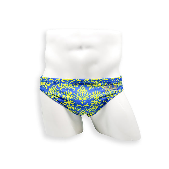 Mens Swimsuit Everyday Swim Brief in Blue Damask Print for Swimming Aesthetic Bodybuilding Posing or Mens Pole Dance