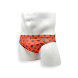 Mens Swimsuit 2 Inch Side Swim Brief in Red Scribble Dot Print for Swimming Aesthetic Bodybuilding Posing or Mens Pole Dance