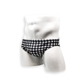 HAC Swim Mens Swimsuit 2 Inch Side Swim Brief in Black Gingham Print for Swimming Aesthetic Bodybuilding Posing or Mens Pole Dance