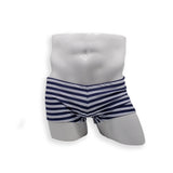 HAC Swim Mens Swimsuit Box Cut Swim Trunk in Navy Nautical Stripe Print for Swimming Aesthetic Bodybuilding Posing or Mens Pole Dance Front View