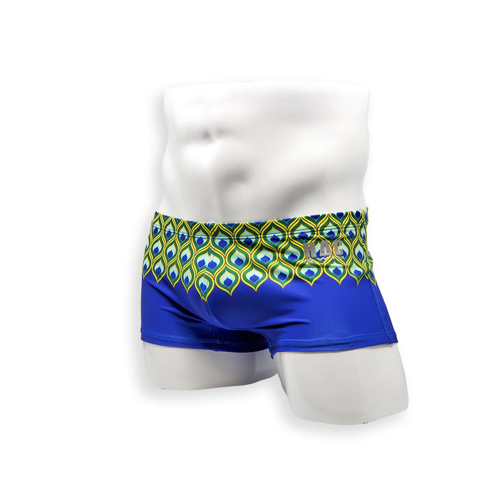 Mens Swimsuit Box Cut Swim Trunk in Peacock Print for Swimming Aesthetic Bodybuilding Posing or Mens Pole Dance