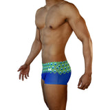 Mens Swimsuit Box Cut Swim Trunk in Peacock Print for Swimming Aesthetic Bodybuilding Posing or Mens Pole Dance