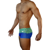 Mens Swimsuit Box Cut Swim Trunk in Peacock Print for Swimming Aesthetic Bodybuilding Posing or Mens Pole Dance