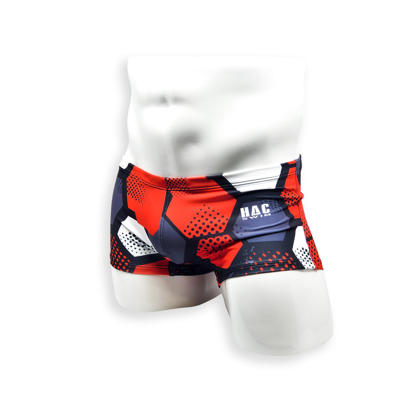 Mens Swimsuit Box Cut Swim Trunk in Red Hexagon Print for Swimming Aesthetic Bodybuilding Posing or Mens Pole Dance