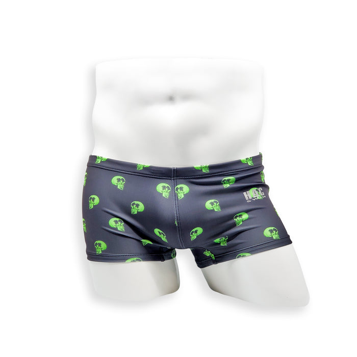 Mens Swimsuit Box Cut Swim Trunk in Skull Print for Swimming Aesthetic Bodybuilding Posing or Mens Pole Dance