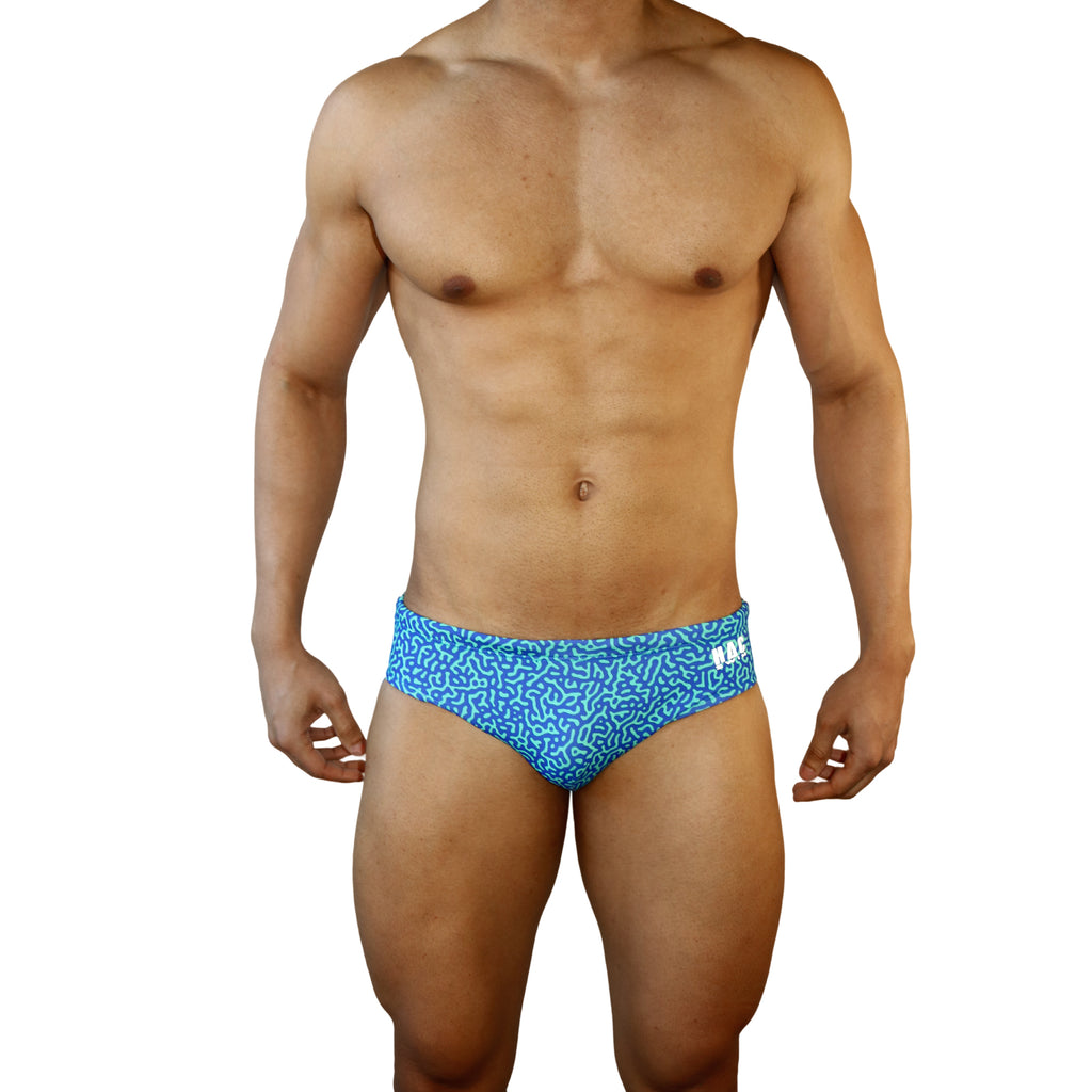 Mens Swimsuit Basic Swim Brief in Blue Tahquitz Canyon Print for Swimming Aesthetic Bodybuilding Posing or Mens Pole Dance